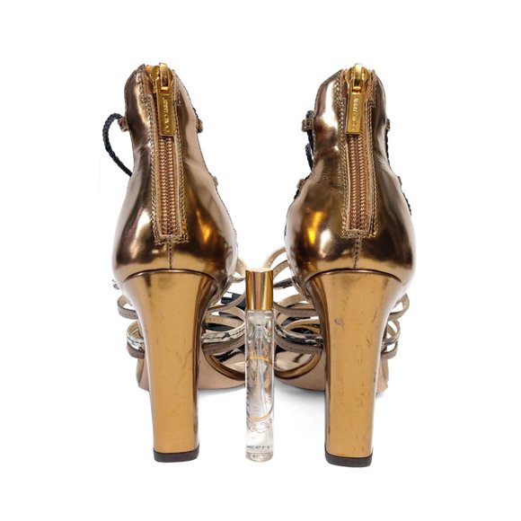 Jimmy Choo Diamond 100 Gold Black Leather Size 36 EU 6 US Strappy Sandals - Picture 3 of 12